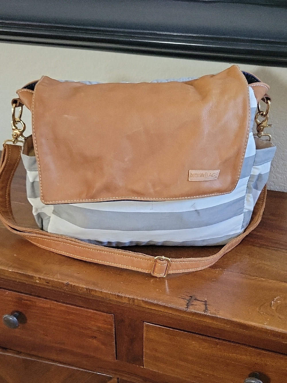 Better Life Bags Brown Leather-Trim Striped Messenger Bag
